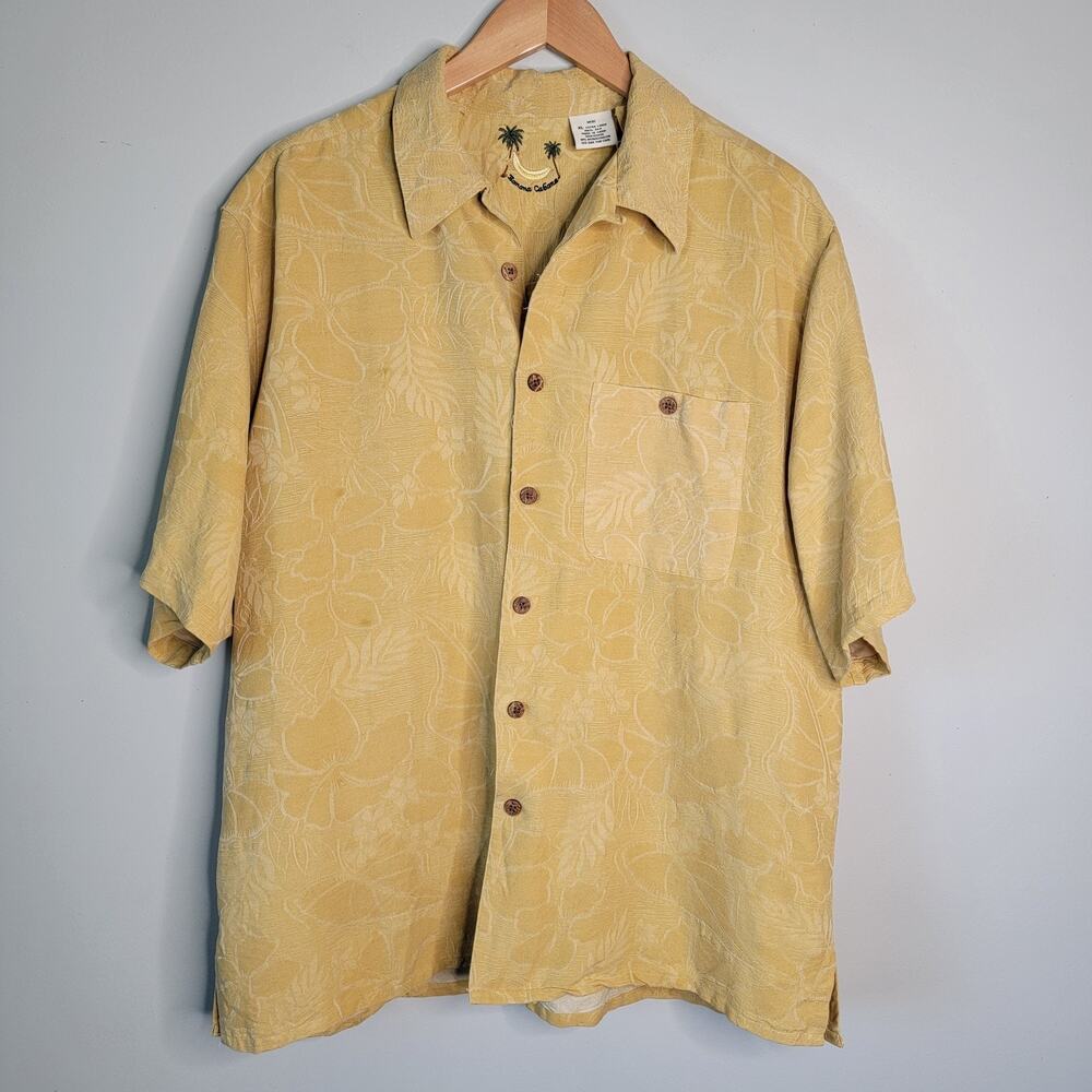 100% Silk Hawaiian Button Shirt Yellow Tropical Resort Vacation XL Banana Cabana